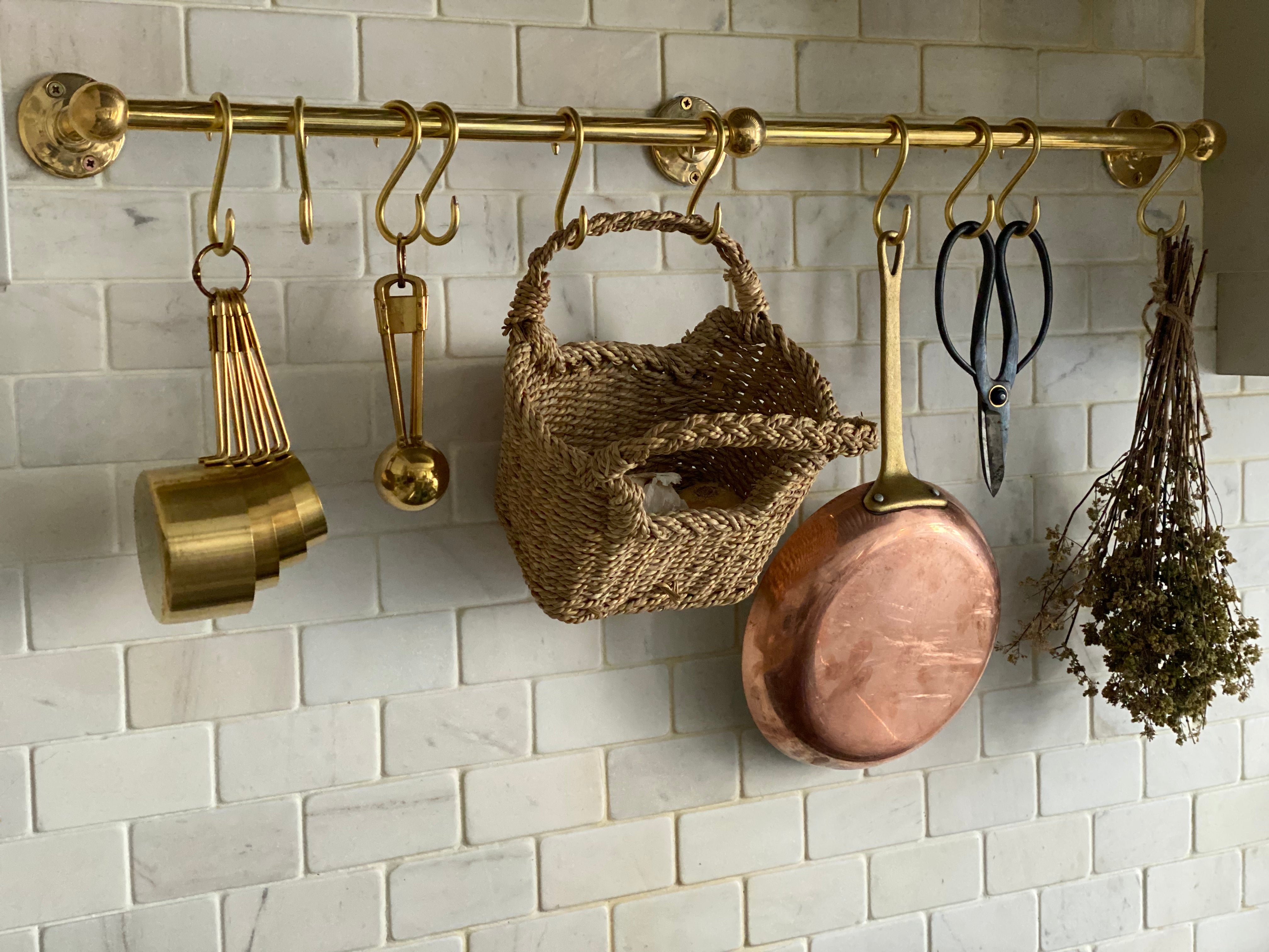 Unlacquered Brass Wall Mounted Pot Rack With Hooks - Zayian