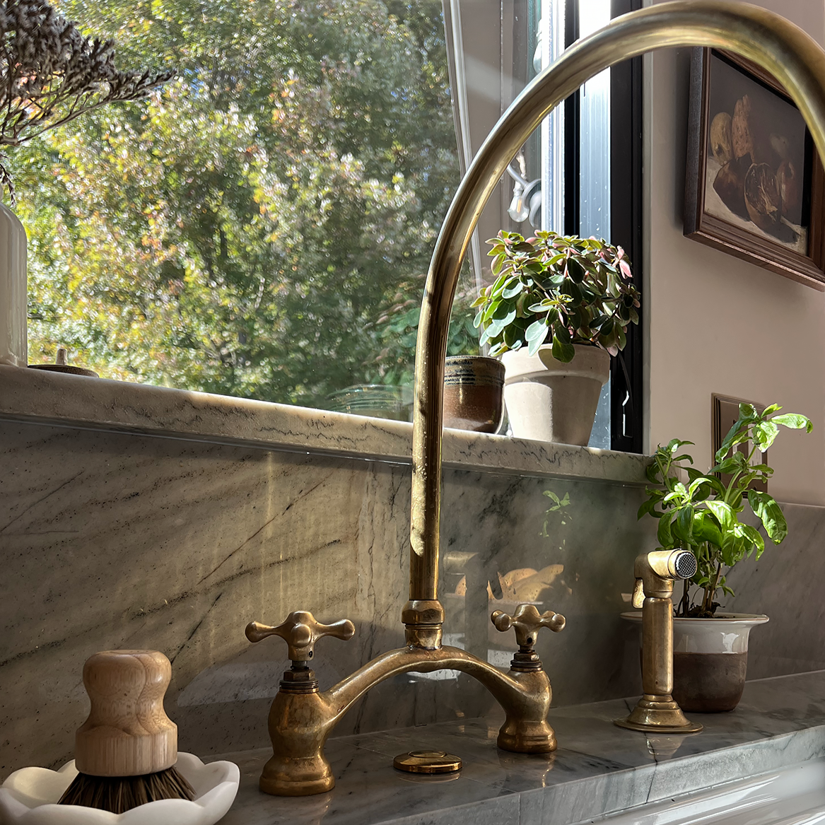 Arched Bridge Unlacquered Brass Kitchen Faucet With Sprayer for Large Farmhouse Sink - Zayian